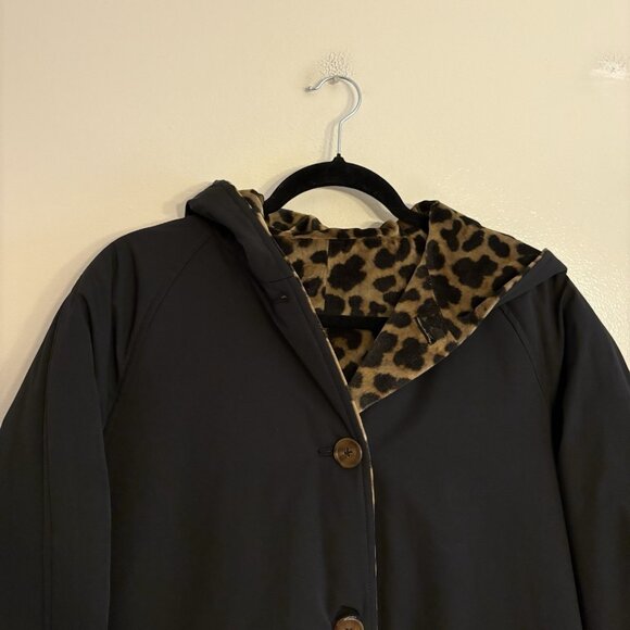 Jane Post Women L Black Leopard Button Front Long Reversible Hooded Coat NWT - Picture 5 of 14